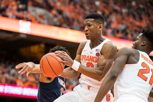 SYRACUSE, NY - FEBRUARY 04:  Andrew White III #3 of the Syracuse Orange pulls in a defensive rebound during the first half against the Virginia Cavaliers on February 4, 2017 at The Carrier Dome in Syracuse, New York. Syracuse defeats Virginia 66-62.  (Photo by Brett Carlsen/Getty Images)