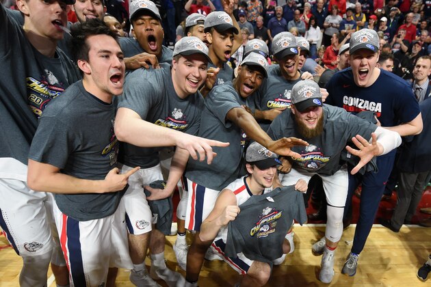 LAS VEGAS, NV - MARCH 07:  Members of the Gonzaga Bulldogs celebrate on the court after defeating the Saint Mary's Gaels 74-56 to win the championship game of the West Coast Conference Basketball Tournament at the Orleans Arena on March 7, 2017 in Las Vegas, Nevada.  (Photo by Ethan Miller/Getty Images)