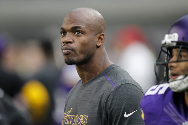 Injured Minnesota Vikings running back Adrian Peterson watches from the sideline during the second half of an NFL football game against the Chicago Bears Sunday, Jan. 1, 2017, in Minneapolis. The Vikings won 38-10. (AP Photo/Andy Clayton-King)
