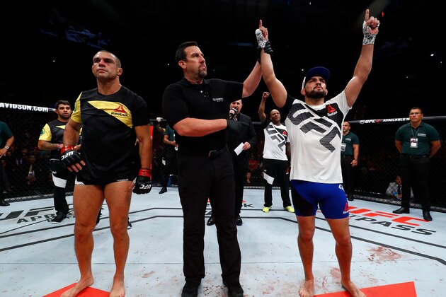 FORTALEZA, BRAZIL - MARCH 11:   Kelvin Gastelum celebrates his knockout victory over Vitor Belfort of Brazil in their middleweight bout during the UFC Fight Night event at CFO - Centro de FormaÂco Olimpica on March 11, 2017 in Fortaleza, Brazil. (Photo by Buda Mendes/Zuffa LLC/Zuffa LLC via Getty Images)