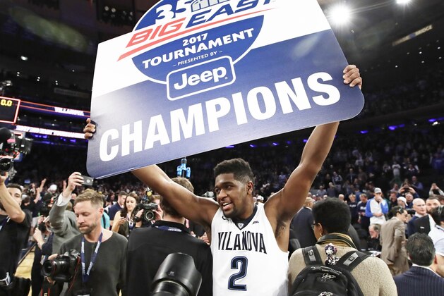 Villanova's Kris Jenkins (2) celebrates after a championship NCAA college basketball game against Creighton in the finals of the Big East men's tournament Saturday, March 11, 2017, in New York. Villanova won 74-60. (AP Photo/Frank Franklin II)