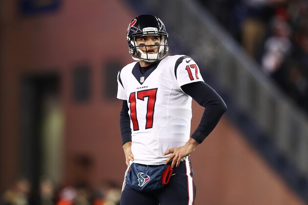 FOXBORO, MA - JANUARY 14:  Brock Osweiler #17 of the Houston Texans looks on in the second half against the New England Patriots during the AFC Divisional Playoff Game at Gillette Stadium on January 14, 2017 in Foxboro, Massachusetts.  (Photo by Elsa/Getty Images)