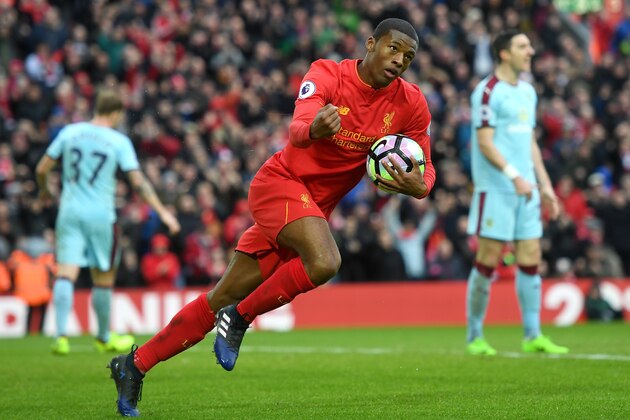 LIVERPOOL, ENGLAND - MARCH 12:  Georginio Wijnaldum of Liverpool celebrates as he scores their first and equalising goal during the Premier League match between Liverpool and Burnley at Anfield on March 12, 2017 in Liverpool, England.  (Photo by Michael Regan/Getty Images)