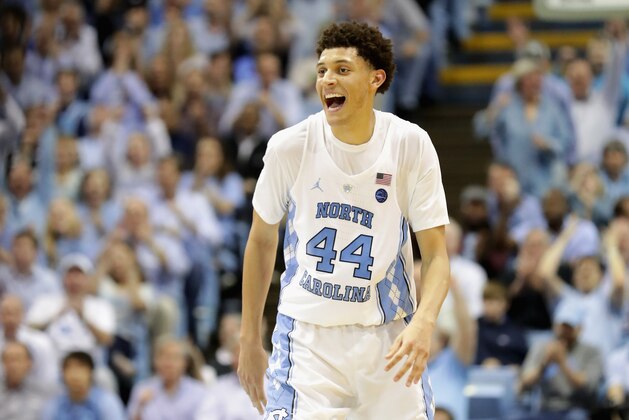 CHAPEL HILL, NC - FEBRUARY 22:  Justin Jackson #44 of the North Carolina Tar Heels reacts after a basket against the Louisville Cardinals during their game at the Dean Smith Center on February 22, 2017 in Chapel Hill, North Carolina.  (Photo by Streeter Lecka/Getty Images)