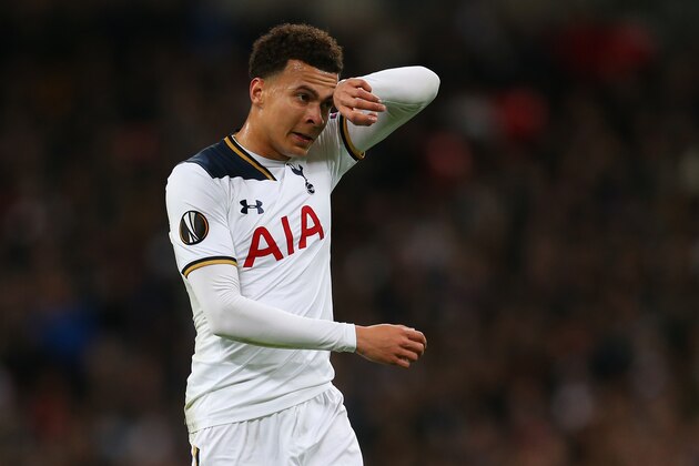 LONDON, ENGLAND - FEBRUARY 23: A dejected looking Dele Alli of Tottenham Hotspur during the UEFA Europa League Round of 32 second leg match between Tottenham Hotspur and KAA Gent at Wembley Stadium on February 23, 2017 in London, United Kingdom. (Photo by Catherine Ivill - AMA/Getty Images)