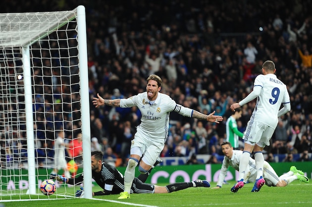MADRID, SPAIN - MARCH 12:  Sergio Ramos of Real Madrid celebrates after scoring Real's 2nd goal during the La Liga match between Real Madrid CF and Real Betis Balompie at Estadio Santiago Bernabeu on March 12, 2017 in Madrid, Spain.  (Photo by Denis Doyle/Getty Images)