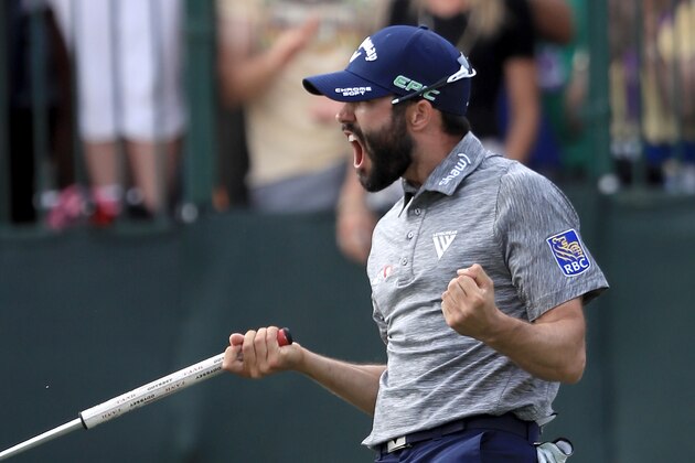 PALM HARBOR, FL - MARCH 12:  Adam Hadwin of Canada reacts on the 18th green after winning the Valspar Championship  during the final round at Innisbrook Resort Copperhead Course on March 12, 2017 in Palm Harbor, Florida. Hadwin won with a score of -14.  (Photo by Sam Greenwood/Getty Images)