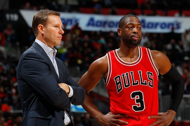 ATLANTA, GA - NOVEMBER 09:  Fred Hoiberg of the Chicago Bulls and Dwyane Wade #3 converse during the game against the Atlanta Hawks at Philips Arena on November 9, 2016 in Atlanta, Georgia.  NOTE TO USER User expressly acknowledges and agrees that, by downloading and or using this photograph, user is consenting to the terms and conditions of the Getty Images License Agreement.  (Photo by Kevin C. Cox/Getty Images)