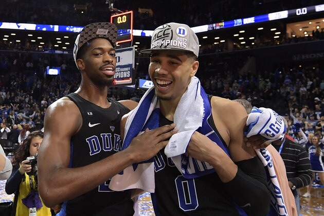 NEW YORK, NY - MARCH 11: Jayson Tatum (R) and Amile Jefferson of the Duke Blue Devils celebrate following their 75-69 victory against the Notre Dame Fighting Irish during the ACC Basketball Tournament Championship game at Barclays Center on March 11, 2017 in the Brooklyn borough of New York City. (Photo by Lance King/Getty Images)