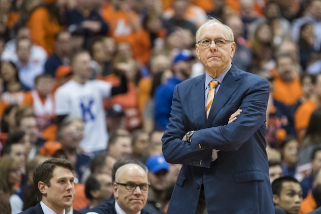 SYRACUSE, NY - FEBRUARY 22:  Head coach Jim Boeheim of the Syracuse Orange watches game action during the first half against the Duke Blue Devils on February 22, 2017 at The Carrier Dome in Syracuse, New York. Syracuse upsets Duke 78-75.  (Photo by Brett Carlsen/Getty Images)