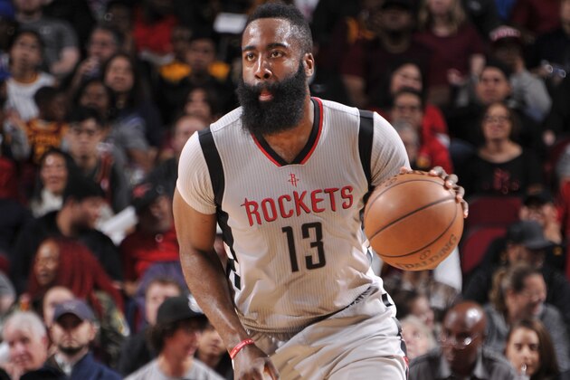 HOUSTON, TX - MARCH 12: James Harden #13 of the Houston Rockets handles the ball against the Cleveland Cavaliers on Macrh 12, 2017 at the Toyota Center in Houston, Texas. NOTE TO USER: User expressly acknowledges and agrees that, by downloading and or using this photograph, User is consenting to the terms and conditions of the Getty Images License Agreement. Mandatory Copyright Notice: Copyright 2017 NBAE (Photo by Bill Baptist/NBAE via Getty Images)