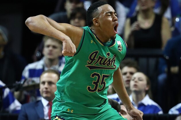 NEW YORK, NY - MARCH 11:  Bonzie Colson #35 of the Notre Dame Fighting Irish reacts after drawing a foul on a basket against the Duke Blue Devils during the championship game of the 2017 Men's ACC Basketball Tournament at the Barclays Center on March 11, 2017 in New York City.  (Photo by Al Bello/Getty Images)
