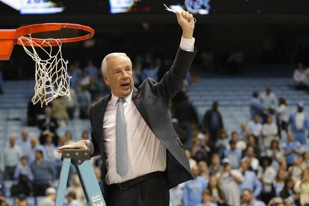 CHAPEL HILL, NC - MARCH 04: Head coach Roy Williams of the North Carolina Tar Heels celebrates as he cuts down the net after defeating the Duke Blue Devils 90-83 to clinch the ACC regular season title at the Dean Smith Center on March 4, 2017 in Chapel Hill, North Carolina. (Photo by Streeter Lecka/Getty Images) CHAPEL HILL, NC - MARCH 04: Head coach Roy Williams of the North Carolina Tar Heels celebrates as he cuts down the net after defeating the Duke Blue Devils 90-83 to clinch the ACC regular season title at the Dean Smith Center on March 4, 2017 in Chapel Hill, North Carolina. (Photo by Streeter Lecka/Getty Images)