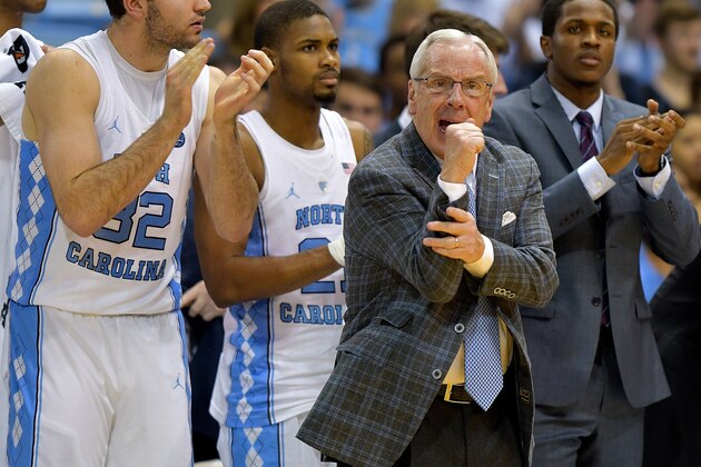 CHAPEL HILL, NC - FEBRUARY 18:  Head coach Roy Williams of the North Carolina Tar Heels lobbies the officials for a foul against the Virginia Cavaliers during the game at the Dean Smith Center on February 18, 2017 in Chapel Hill, North Carolina. North Carolina won 65-41.  (Photo by Grant Halverson/Getty Images)