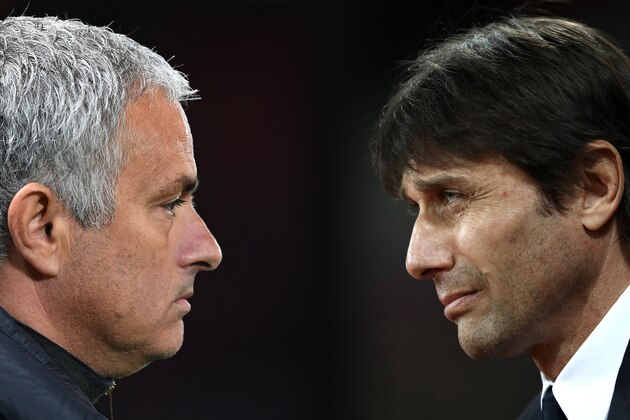 FILE PHOTO (EDITORS NOTE: GRADIENT ADDED - COMPOSITE OF TWO IMAGES - Image numbers (L) 615867896 and 648790080) In this composite image a comparision has been made between Jose Mourinho,Manager of Manchester United and Antonio Conte, Manager of Chelsea. Chelsea and Manchester United meet in one of the Emirates FA Cup Quarter-Finals at Stamford Bridge on March 13, 2017 in London,England. ***LEFT IMAGE*** MANCHESTER, ENGLAND - OCTOBER 20: Jose Mourinho the manager of Manchester United looks on during the UEFA Europa League Group A match between Manchester United FC and Fenerbahce SK at Old Trafford on October 20, 2016 in Manchester, England. (Photo by Laurence Griffiths/Getty Images) ***RIGHT IMAGE*** STRATFORD, ENGLAND - MARCH 06: Antonio Conte, Manager of Chelsea looks on during the Premier League match between West Ham United and Chelsea at London Stadium on March 6, 2017 in Stratford, England. (Photo by Julian Finney/Getty Images) FILE PHOTO (EDITORS NOTE: GRADIENT ADDED - COMPOSITE OF TWO IMAGES - Image numbers (L) 615867896 and 648790080) In this composite image a comparision has been made between Jose Mourinho,Manager of Manchester United and Antonio Conte, Manager of Chelsea. Chelsea and Manchester United meet in one of the Emirates FA Cup Quarter-Finals at Stamford Bridge on March 13, 2017 in London,England. ***LEFT IMAGE*** MANCHESTER, ENGLAND - OCTOBER 20: Jose Mourinho the manager of Manchester United looks on during the UEFA Europa League Group A match between Manchester United FC and Fenerbahce SK at Old Trafford on October 20, 2016 in Manchester, England. (Photo by Laurence Griffiths/Getty Images) ***RIGHT IMAGE*** STRATFORD, ENGLAND - MARCH 06: Antonio Conte, Manager of Chelsea looks on during the Premier League match between West Ham United and Chelsea at London Stadium on March 6, 2017 in Stratford, England. (Photo by Julian Finney/Getty Images)