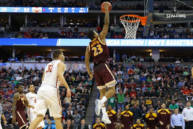 DENVER, CO - MARCH 17:  Jordan Washington #23 of the Iona Gaels dunks the ball against the Iowa State Cyclones  during the first round of the 2016 NCAA Men's Basketball Tournament at the Pepsi Center on March 17, 2016 in Denver, Colorado.  (Photo by Justin Edmonds/Getty Images)