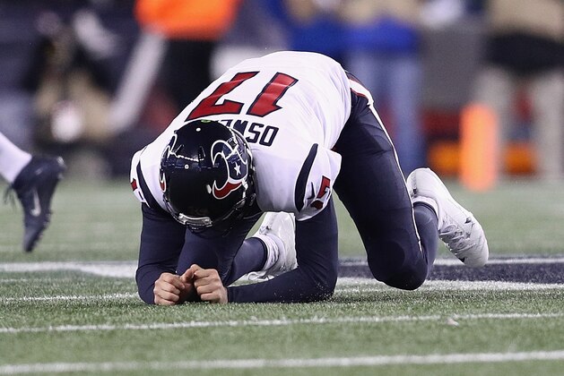 FOXBORO, MA - JANUARY 14: Brock Osweiler #17 of the Houston Texans reacts in the second half against the New England Patriots during the AFC Divisional Playoff Game at Gillette Stadium on January 14, 2017 in Foxboro, Massachusetts.  (Photo by Maddie Meyer/Getty Images)