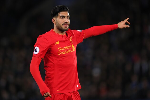 LEICESTER, ENGLAND - FEBRUARY 27:   Emre Can of Liverpool gestures during the Premier League match between Leicester City and Liverpool at The King Power Stadium on February 27, 2017 in Leicester, England.  (Photo by Matthew Ashton - AMA/Getty Images)