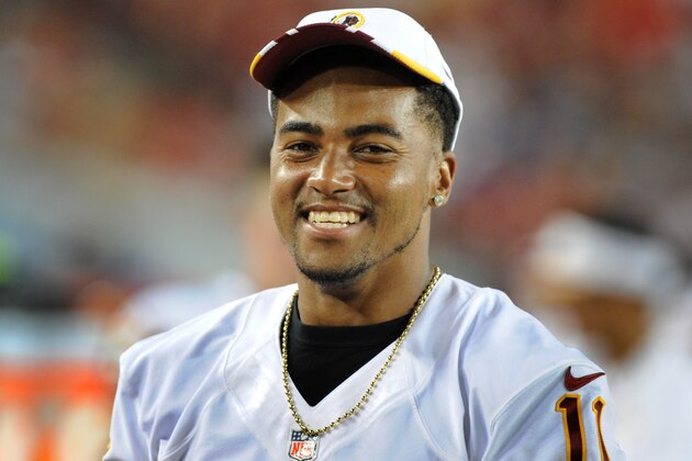 TAMPA, FL - AUGUST 28: Wide receiver DeSean Jackson #11 of the Washington Redskins on the sidelines against the Tampa Bay Buccaneers at Raymond James Stadium on August 28, 2014 in Tampa, Florida. (Photo by Cliff McBride/Getty Images)