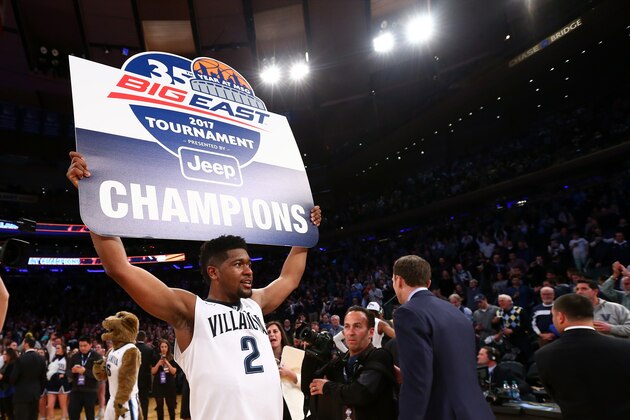 NEW YORK, NY - MARCH 11:  Kris Jenkins #2 of the Villanova Wildcats celebrates after defeating the Creighton Bluejays to win the Big East Basketball Tournament - Championship Game at Madison Square Garden on March 11, 2017 in New York City.  (Photo by Mike Stobe/Getty Images)