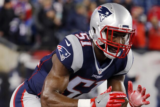 New England Patriots' Mingo Barkevious before an NFL football game against the Baltimore Ravens at Gillette Stadium in Foxborough, Mass. Monday, Dec. 12, 2016. (Winslow Townson/AP Images for Panini)