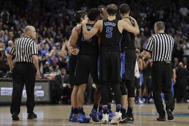 Duke players huddle in the second half of an NCAA college basketball game against North Carolina during the semifinals of the Atlantic Coast Conference tournament, Friday, March 10, 2017, in New York. (AP Photo/Julie Jacobson) Duke players huddle in the second half of an NCAA college basketball game against North Carolina during the semifinals of the Atlantic Coast Conference tournament, Friday, March 10, 2017, in New York. (AP Photo/Julie Jacobson)