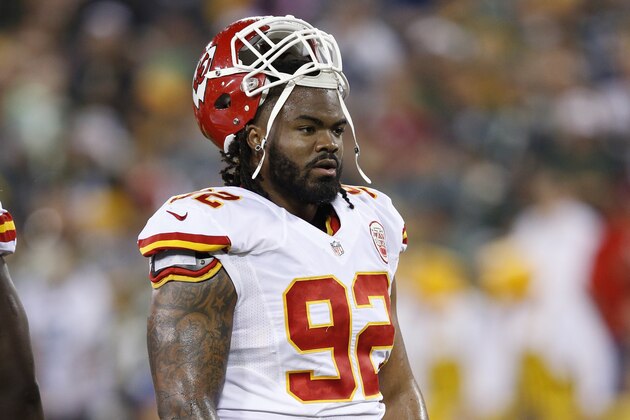 GREEN BAY, WI - SEPTEMBER 28: Dontari Poe #92 of the Kansas City Chiefs looks on against the Green Bay Packers during a game at Lambeau Field on September 28, 2015 in Green Bay, Wisconsin. The Packers defeated the Chiefs 38-28. (Photo by Joe Robbins/Getty Images)