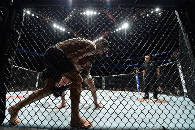 TORONTO, CANADA - DECEMBER 10:  (R-L) Anthony Pettis pushes Max Holloway up against the cage in their interim UFC featherweight championship bout during the UFC 206 event inside the Air Canada Centre on December 10, 2016 in Toronto, Ontario, Canada. (Photo by Brandon Magnus/Zuffa LLC/Zuffa LLC via Getty Images)