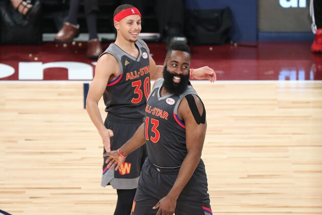 NEW ORLEANS, LA - FEBRUARY 19: James Harden #13 and Stephen Curry #30 of the Western Conference celebrate during the NBA All-Star Game as a part of 2017 All-Star Weekend at the Smoothie King Center on February 19, 2017 in New Orleans, Louisiana. NOTE TO USER: User expressly acknowledges and agrees that, by downloading and/or using this photograph, user is consenting to the terms and conditions of the Getty Images License Agreement.  Mandatory Copyright Notice: Copyright 2017 NBAE (Photo by Joe Murphy/NBAE via Getty Images)