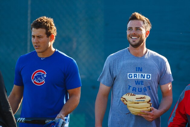 Feb 15, 2017; Mesa, AZ, USA; Chicago Cubs first baseman Anthony Rizzo (left) and third baseman Kris Bryant during a Spring Training workout at Sloan Park. Mandatory Credit: Mark J. Rebilas-USA TODAY Sports