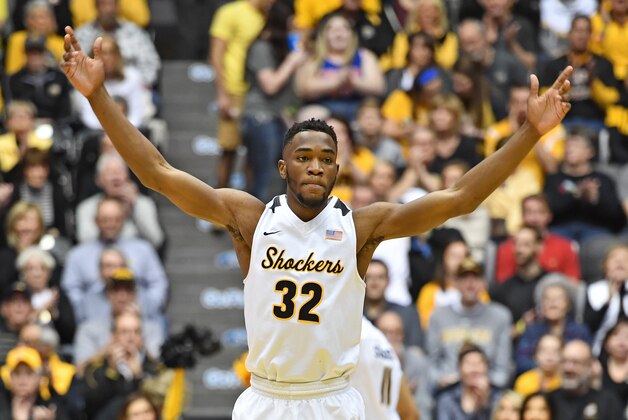 WICHITA, KS - FEBRUARY 18:  Forward Markis McDuffie #32 of the Wichita State Shockers reacts after scoring a basket against the Northern Iowa Panthers during the first half on February 18, 2017 at Charles Koch Arena in Wichita, Kansas.  The Shockers defeated the Panthers 73-44. (Photo by Peter G. Aiken/Getty Images)