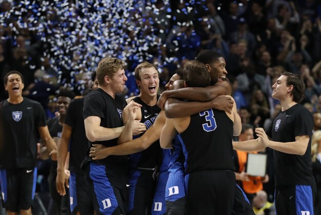 Mar 11, 2017; Brooklyn, NY, USA; Duke Blue Devils celebrate the win against the Notre Dame Fighting Irish during the ACC Conference Tournament Final at Barclays Center. Duke Blue Devils won 75-69. Mandatory Credit: Anthony Gruppuso-USA TODAY Sports
