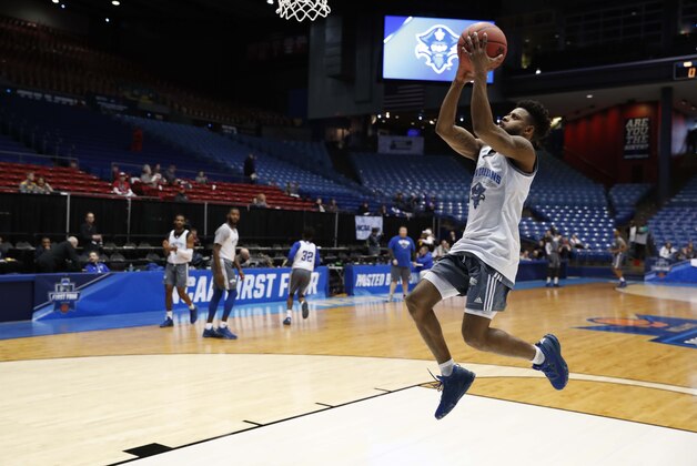 Mar 13, 2017; Dayton, OH, USA; New Orleans Privateers guard Christavious Gill (5) during a practice day before the first four of the NCAA Tournament at Dayton Arena. Mandatory Credit: Brain Spurlock-USA TODAY Sports