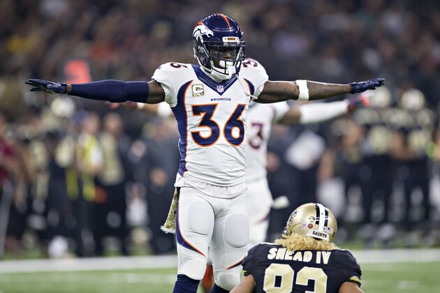 NEW ORLEANS, LA - NOVEMBER 13:  Kayvon Webster #36 of the Denver Broncos signals incomplete after breaking up a pass thrown to Willie Snead IV #83 of the New Orleans Saints at Mercedes-Benz Superdome on November 13, 2016 in New Orleans, Louisiana.  The Broncos defeated the Saints 25-23.  (Photo by Wesley Hitt/Getty Images)
