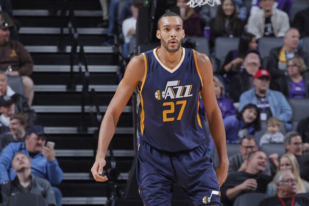 SACRAMENTO, CA - MARCH 5: Rudy Gobert #27 of the Utah Jazz looks on during the game against the Sacramento Kings on March 5, 2017 at Golden 1 Center in Sacramento, California. NOTE TO USER: User expressly acknowledges and agrees that, by downloading and or using this photograph, User is consenting to the terms and conditions of the Getty Images Agreement. Mandatory Copyright Notice: Copyright 2017 NBAE (Photo by Rocky Widner/NBAE via Getty Images)