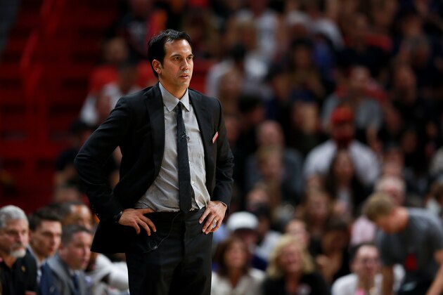 MIAMI, FL - NOVEMBER 10: Head coach Erik Spoelstra of the Miami Heat during the game against the Chicago Bulls at American Airlines Arena on November 10, 2016 in Miami, Florida. NOTE TO USER: User expressly acknowledges and agrees that, by downloading and or using this photograph, User is consenting to the terms and conditions of the Getty Images License Agreement. (Photo by Rob Foldy/Getty Images)