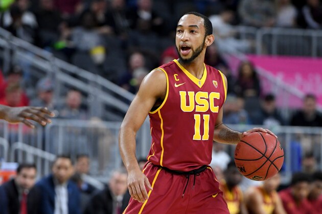 LAS VEGAS, NV - MARCH 09:  Jordan McLaughlin #11 of the USC Trojans sets up a play against the UCLA Bruins during a quarterfinal game of the Pac-12 Basketball Tournament at T-Mobile Arena on March 9, 2017 in Las Vegas, Nevada. UCLA won 76-74.  (Photo by Ethan Miller/Getty Images)