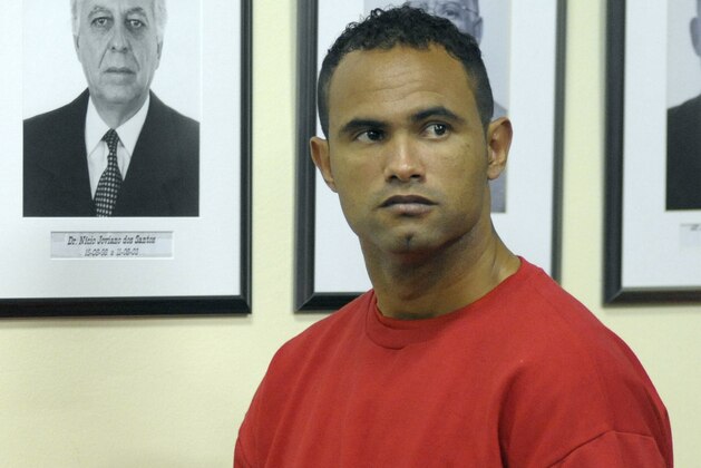 Former Flamengo football club goalie Bruno Fernandes de Souza, during his trial charged with the murder of his wife Elizia Samudi, on November 20, 2012 in Contagem, Minas Gerais, Brazil.  AFP PHOTO/Gualter Naves        (Photo credit should read GUALTER NAVES/AFP/Getty Images)