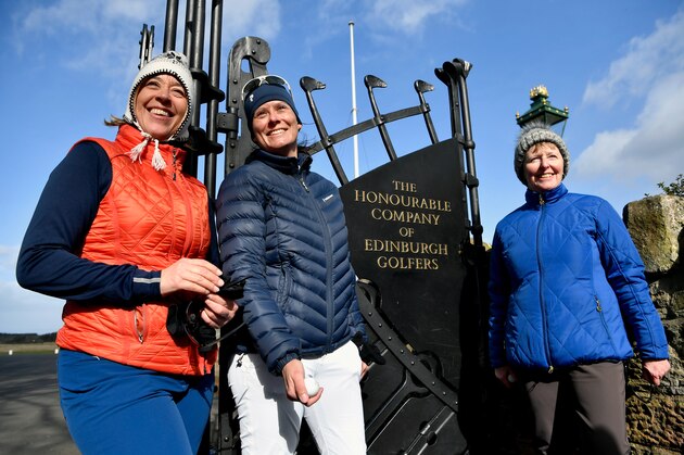 GULLANE, SCOTLAND - MARCH 14:  Anna Diertrich, Pascale Reinhard and Janet Siehnthiler from Switzerland stand outside Muirfield Golf Club following their round of golf on March 14, 2017 in Gullane, Scotland. Muirfield golf club members have voted to admit women members after the privately owned club voted eighty percent in favour in updating the membership policy.
(Photo by Jeff J Mitchell/Getty Images)