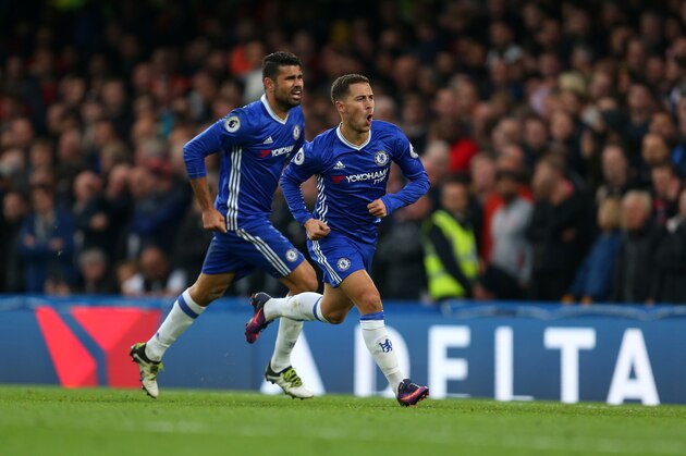 LONDON, ENGLAND - OCTOBER 23: Eden Hazard of Chelsea celebrates after he scores to make it 3-0 with Diego Costa of Chelsea during the Premier League match between Chelsea and Manchester United at Stamford Bridge on October 23, 2016 in London, England. (Photo by Catherine Ivill - AMA/Getty Images)