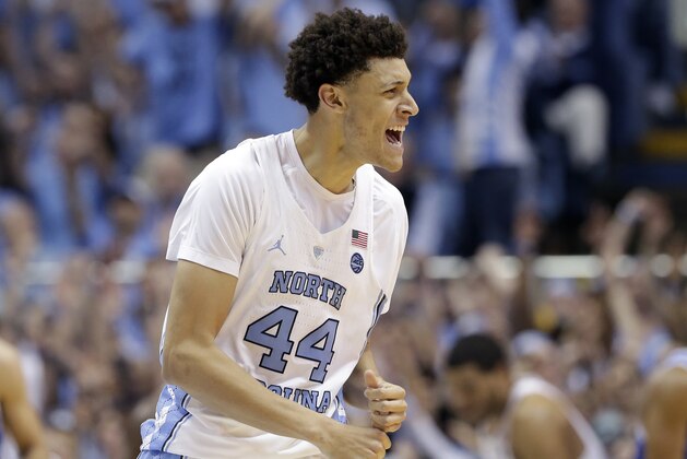 North Carolina's Justin Jackson (44) reacts following a basket against Duke during the second half of an NCAA college basketball game in Chapel Hill, N.C., Saturday, March 4, 2017. (AP Photo/Gerry Broome)