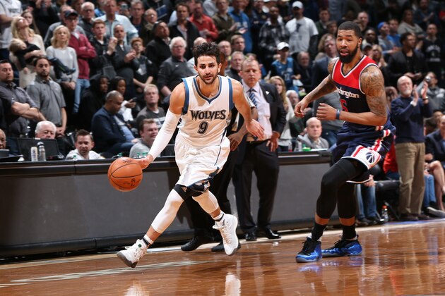 MINNEAPOLIS, MN - MARCH 13:  Ricky Rubio #9 of the Minnesota Timberwolves handles the ball during a game against the Washington Wizards on March 13, 2017 at Target Center in Minneapolis, Minnesota. NOTE TO USER: User expressly acknowledges and agrees that, by downloading and/or using this photograph, user is consenting to the terms and conditions of the Getty Images License Agreement. Mandatory Copyright Notice: Copyright 2017 NBAE (Photo by David Sherman/NBAE via Getty Images)