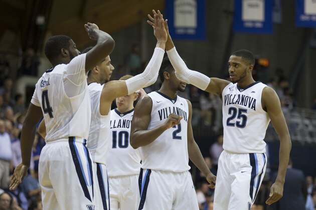 PHILADELPHIA, PA - FEBRUARY 25: Eric Paschall #4, Josh Hart #3, Donte DiVincenzo #10, Kris Jenkins #2, and Mikal Bridges #25 of the Villanova Wildcats celebrate in the second half against the Creighton Bluejays at the Pavilion on February 25, 2017 in Villanova, Pennsylvania. The Wildcats defeated the Bluejays 79-63. (Photo by Mitchell Leff/Getty Images)