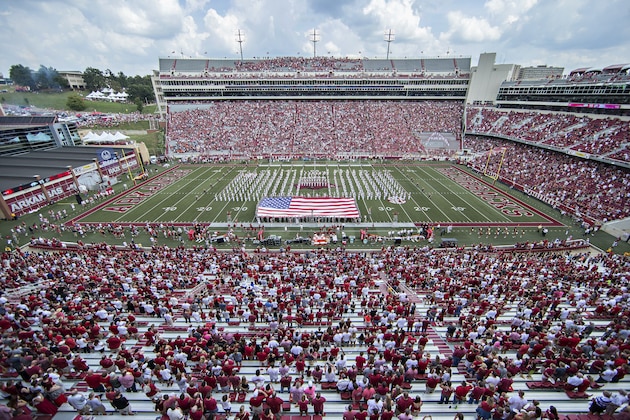 FAYETTEVILLE, AR - SEPTEMBER 5:  General view of Donald W. Reynolds Stadium before a game between the Arkansas Razorbacks and the UTEP Miners at Razorback Stadium on September 5, 2015 in Fayetteville, Arkansas.  The Razorbacks defeated the Miners 48-13.  (Photo by Wesley Hitt/Getty Images)