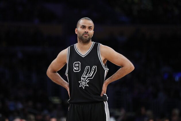 San Antonio Spurs' Tony Parker, of France, stands on the court during the first half of an NBA basketball game against the Los Angeles Lakers, Sunday, Feb. 26, 2017, in Los Angeles. (AP Photo/Jae C. Hong)