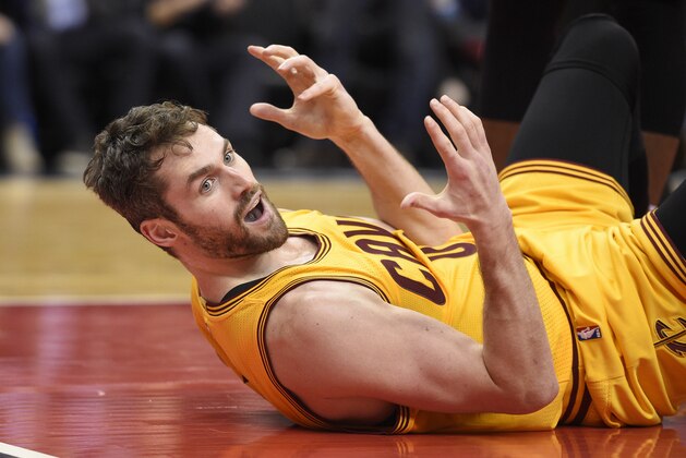 Cleveland Cavaliers forward Kevin Love (0) reacts after he was called for a foul during the overtime of an NBA basketball game against the Washington Wizards, Monday, Feb. 6, 2017, in Washington. The Cavaliers won 140-135 in overtime. (AP Photo/Nick Wass)