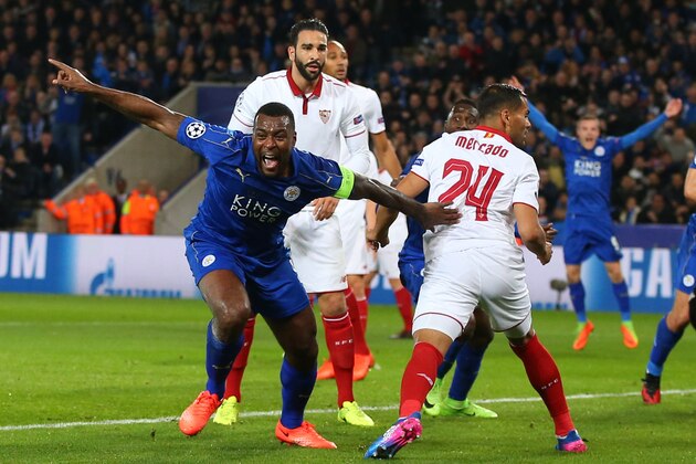 LEICESTER, ENGLAND - MARCH 14: Wes Morgan of Leicester City celebrates after he scores a goal to make it 1-0 during the UEFA Champions League Round of 16 second leg match between Leicester City and Sevilla FC at The King Power Stadium on March 14, 2017 in Leicester, United Kingdom. (Photo by Catherine Ivill - AMA/Getty Images)