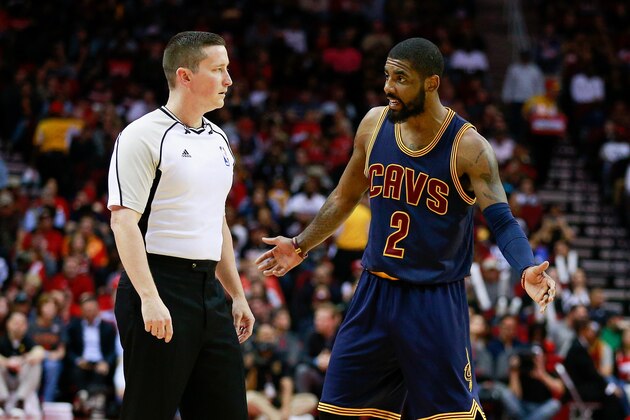 HOUSTON, TX - MARCH 12:  Kyrie Irving #2 of the Cleveland Cavaliers talks with referee Nick Buchert during the first quarter at Toyota Center on March 12, 2017 in Houston, Texas. NOTE TO USER: User expressly acknowledges and agrees that, by downloading and/or using this photograph, user is consenting to the terms and conditions of the Getty Images License Agreement.  (Photo by Bob Levey/Getty Images)