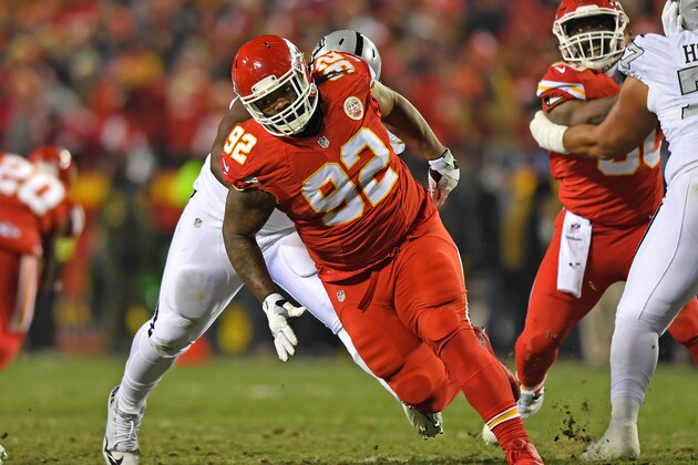 KANSAS CITY, MO - DECEMBER 08:  Defensive tackle Dontari Poe #92 of the Kansas City Chiefs rushes across the line of scrimmage against the Oakland Raiders during the first half on December 8, 2016 at Arrowhead Stadium in Kansas City, Missouri.  (Photo by Peter G. Aiken/Getty Images)