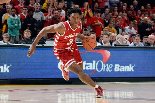 COLLEGE PARK, MD - JANUARY 10: OG Anunoby #3 of the Indiana Hoosiers handles the ball against the Maryland Terrapins at Xfinity Center on January 10, 2017 in College Park, Maryland.  (Photo by G Fiume/Maryland Terrapins/Getty Images)